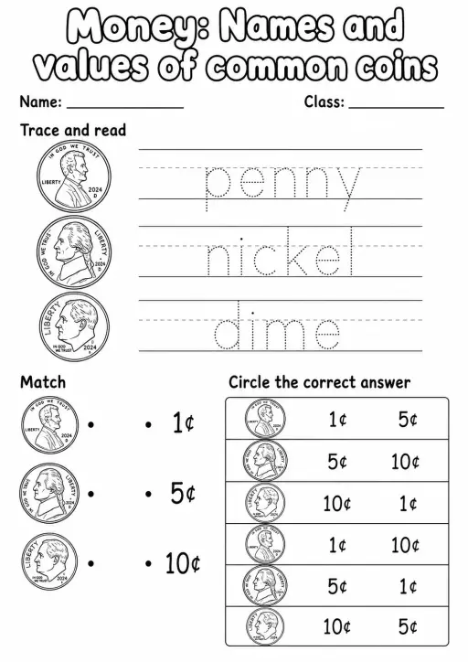 Grade 1 Money Math Worksheet Pack