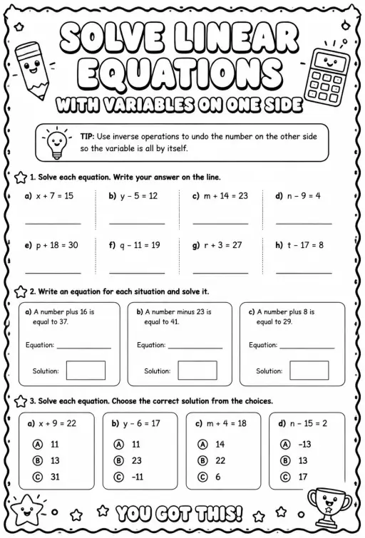 Solve linear equations with variables on one side