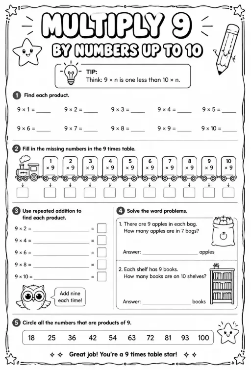 Multiply 9 by numbers up to 10
