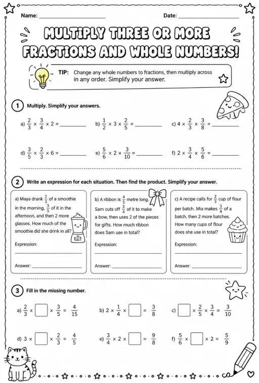 Multiply three or more fractions and whole numbers