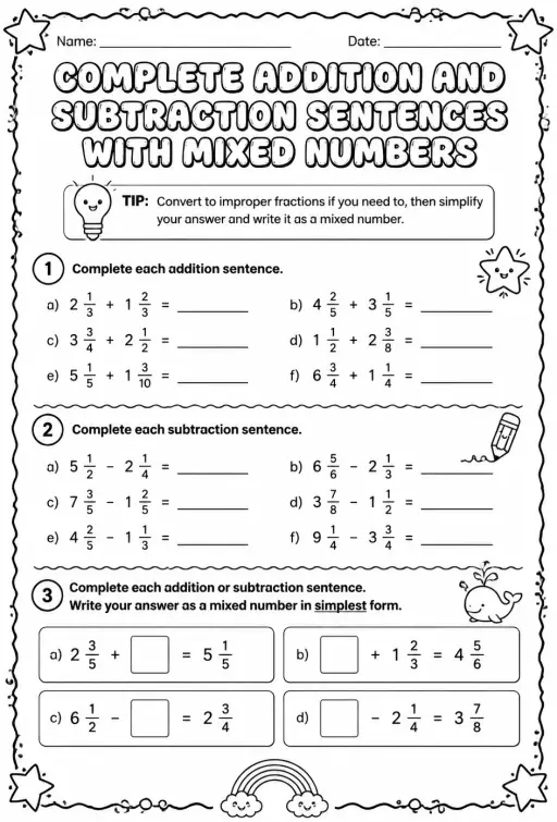 Complete addition and subtraction sentences with mixed numbers