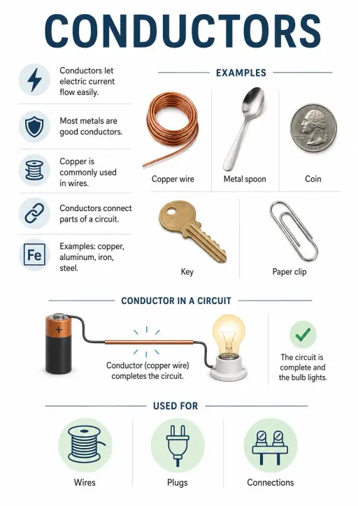 Conductors Let Electric Current Flow Easily. Electricity and Magnetism Infographic