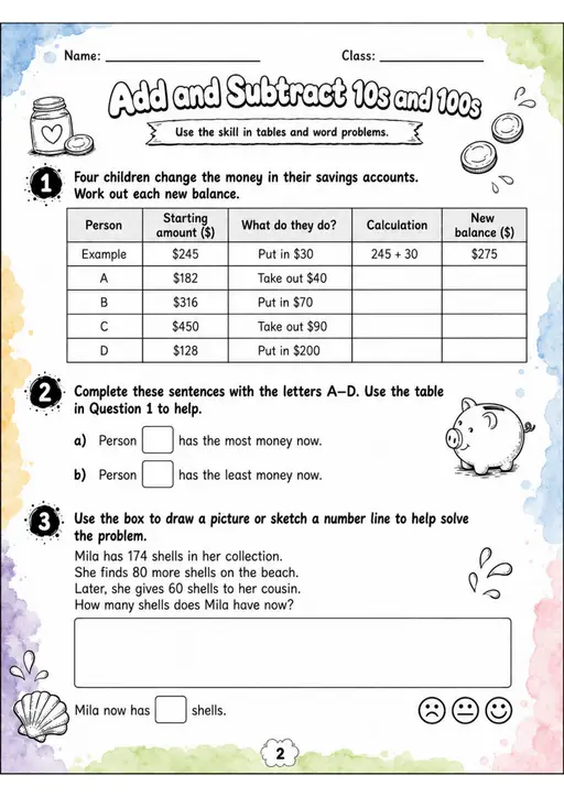 Add and Subtract 10s and 100s - Grade 3 Math Worksheet - grade 3 Graphs, tables, and data interpretation