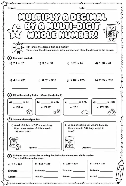 Multiply a decimal by a multi-digit whole number
