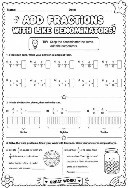 Add fractions with like denominators