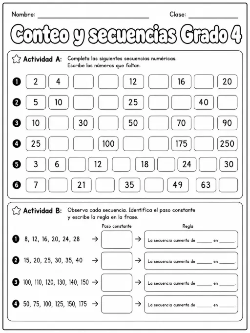 4.º grado - patrones y secuencias - Paquete de fichas