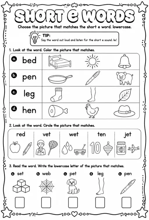 Choose the picture that matches the short e word: lowercase