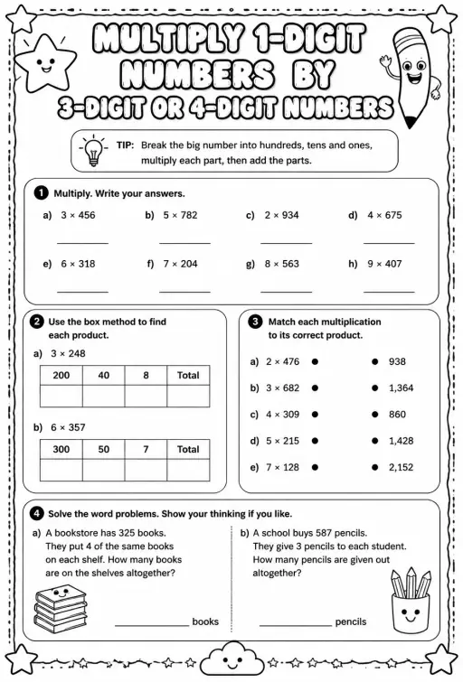 Multiply 1-digit numbers by 3-digit or 4-digit numbers