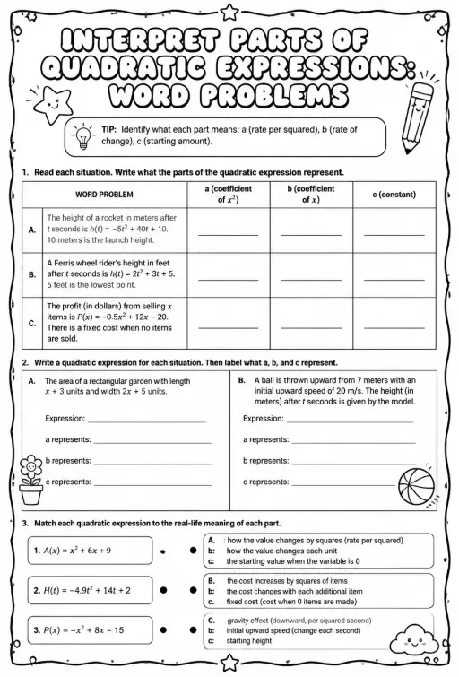 Interpret parts of quadratic expressions: word problems