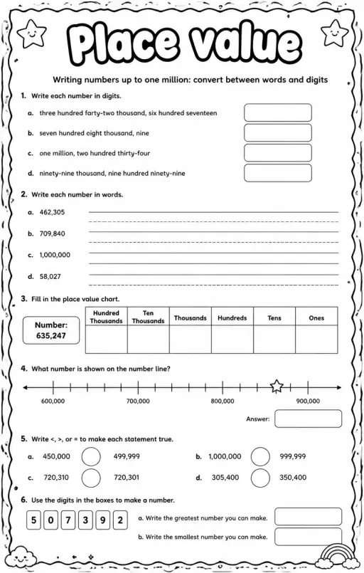 Writing numbers up to one million: convert between words and digits