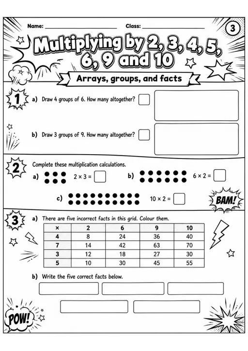 Multiplying by 2, 3, 4, 5, 6, 9 and 10 - Grade 3 Math Worksheet - grade 3 Diagrams, models, and drawing tasks