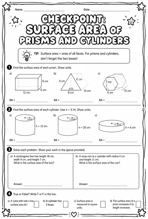 Checkpoint: Surface area of prisms and cylinders