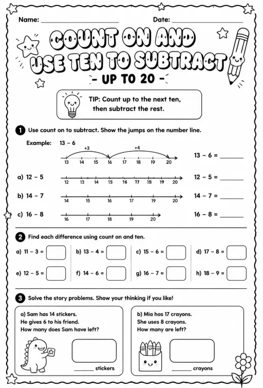 Count on and use ten to subtract - up to 20