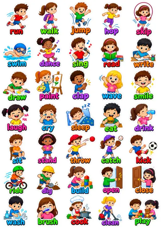 Action Verbs For Kids English Vocabulary Stickers