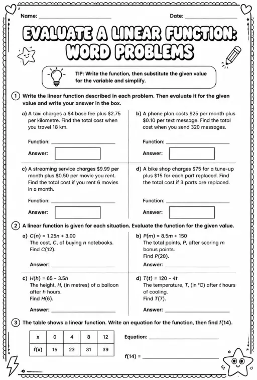 Evaluate a linear function: word problems