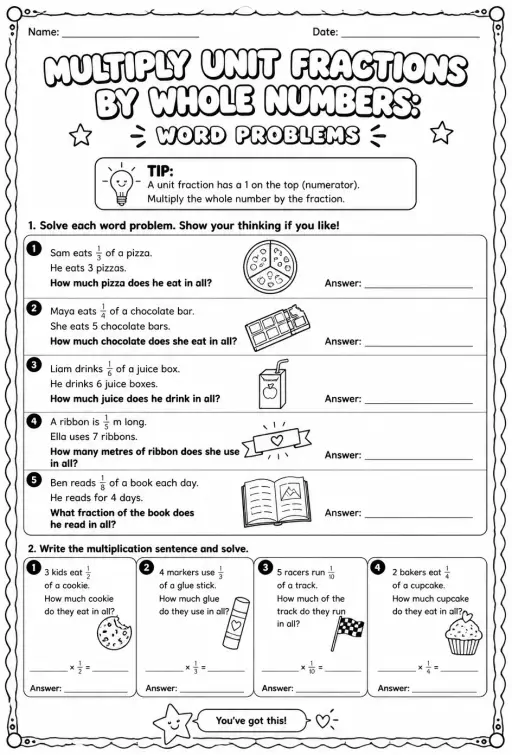 Multiply unit fractions by whole numbers: word problems