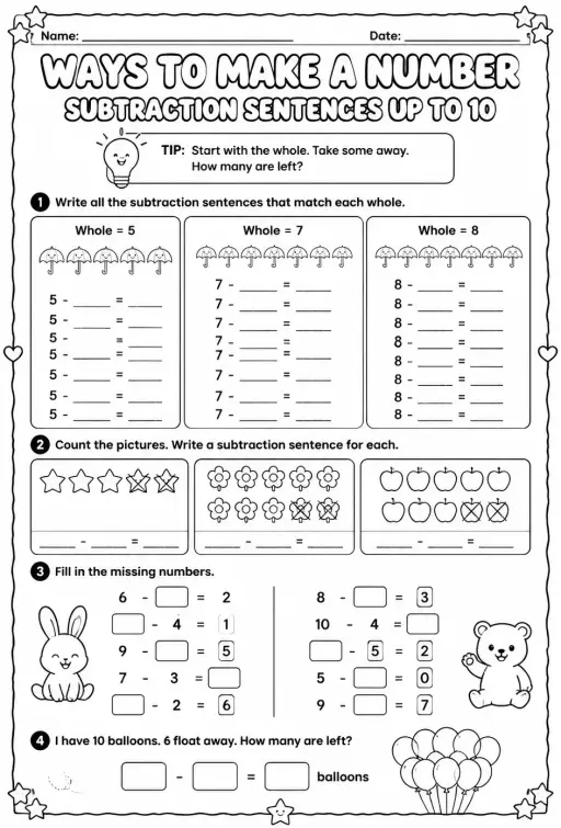 Ways to make a number - subtraction sentences up to 10
