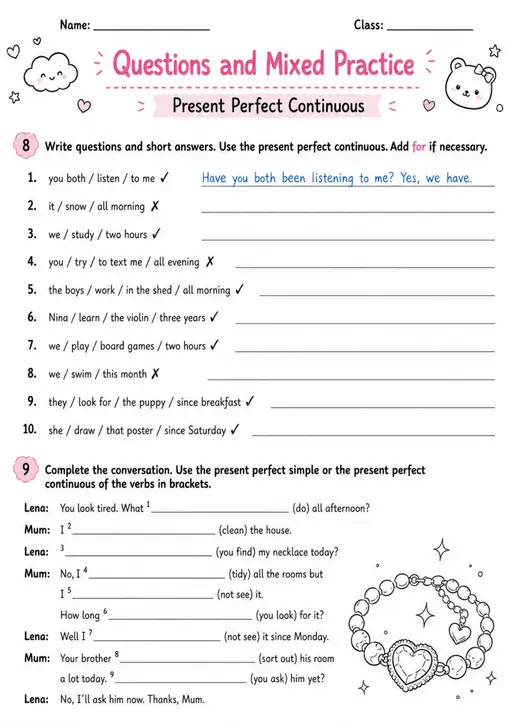 Present Perfect Continuous Questions | Grades 5-6 Grammar Worksheet