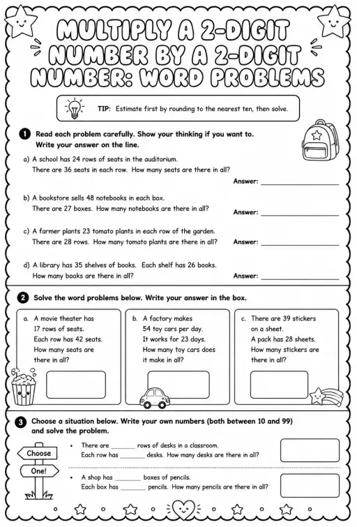 Multiply a 2-digit number by a 2-digit number: word problems