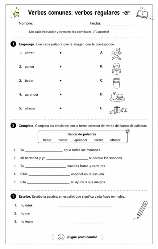 Reconocer palabras, frases o oraciones en español relacionadas con verbos regulares -er.