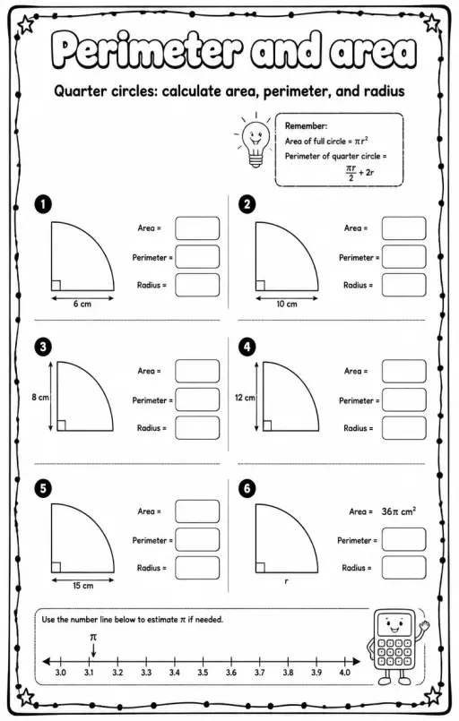 Quarter circles: calculate area, perimeter, and radius