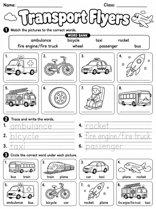 Transport Flyers Vocabulary Worksheet Pack