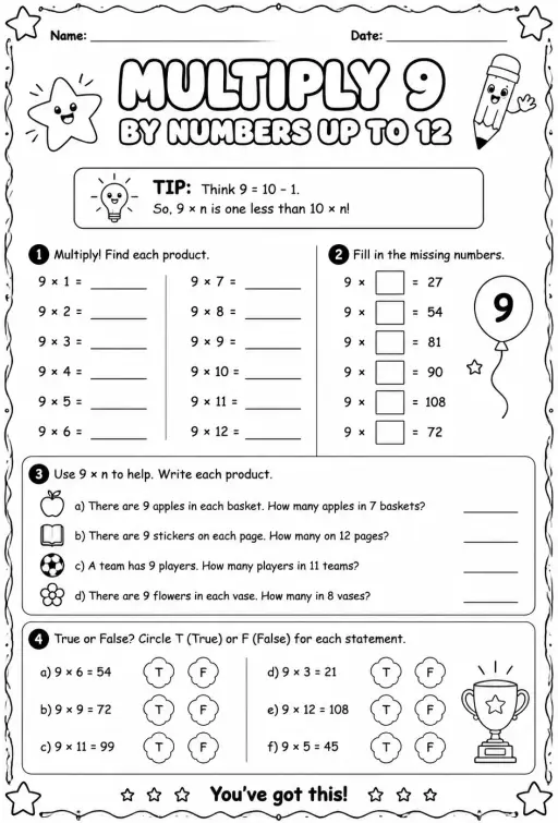 Multiply 9 by numbers up to 12