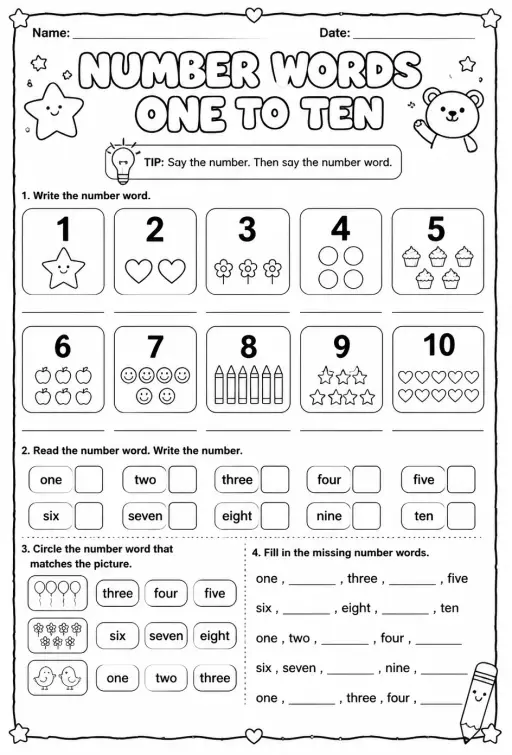 Use number words: one to ten