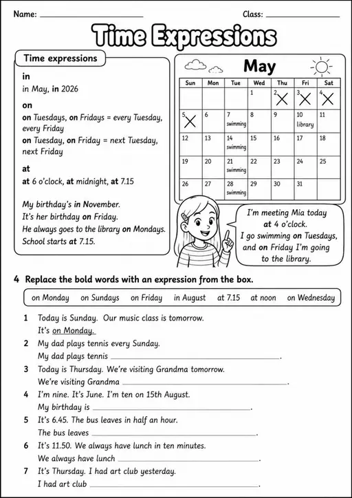 Time Expressions | Grades 3-4 Grammar Worksheet