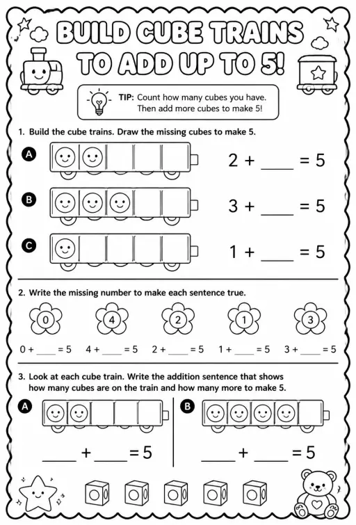 Build cube trains to add up to 5 - addition sentences