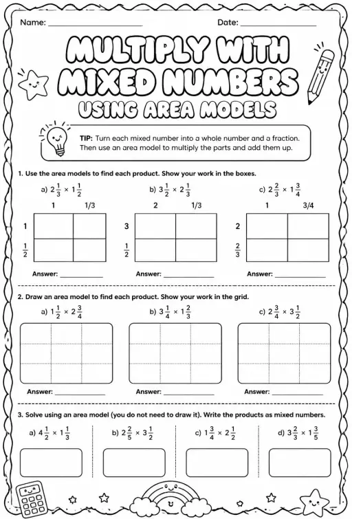 Multiply with mixed numbers using area models