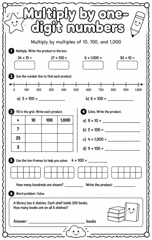 Multiply by multiples of 10, 100, and 1,000