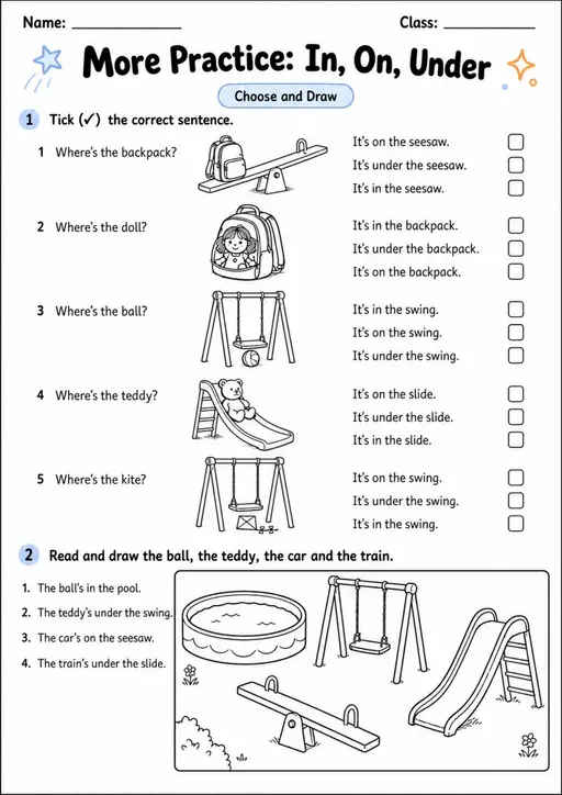 In On Under Choose and Draw | Grade 1 Grammar Worksheet