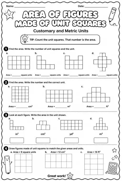 Find the area of figures made of unit squares: customary and metric units