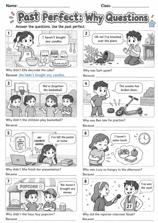 Past Perfect: Why Questions | Grades 5-6 Grammar Worksheet