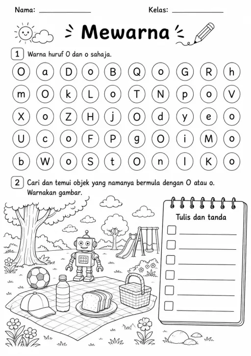 Malay Letter O Phonics Worksheets Pack