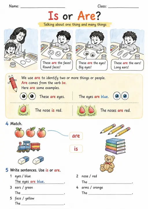 Is or Are? Singular and Plural | Grade 1 Grammar Worksheet