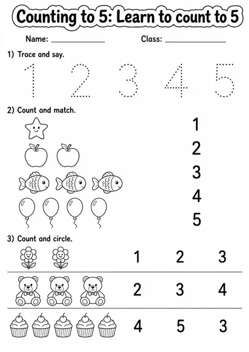 Kindergarten Counting to 5 Math Worksheet Pack