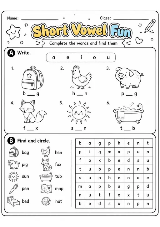 Short Vowel Fun | Grade 1 Phonics Worksheet