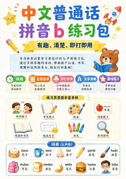 Chinese Pinyin Letter b Phonics Worksheets Pack