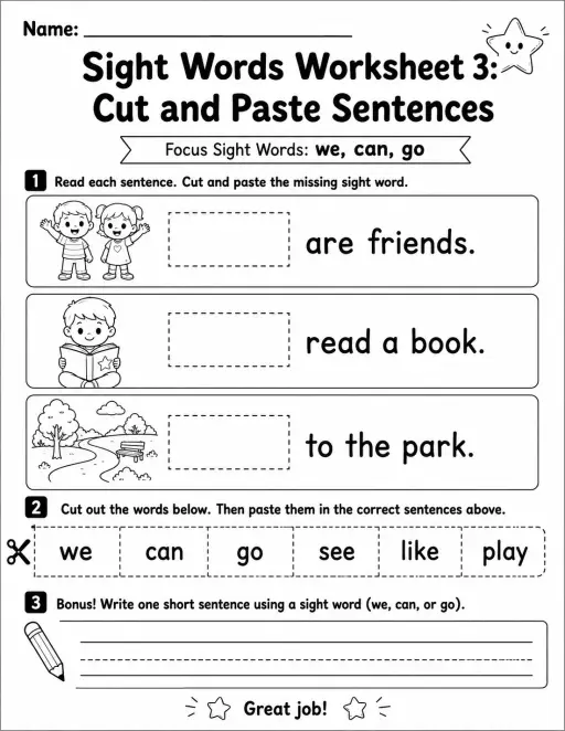 Sight Words Worksheet 3: Cut and Paste Sentences