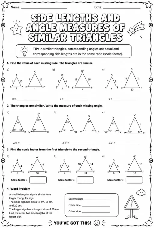 Side lengths and angle measures of similar triangles