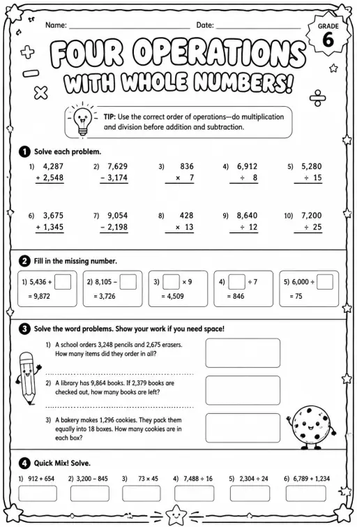 Add, subtract, multiply, or divide two whole numbers
