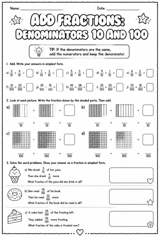 Add fractions: denominators 10 and 100
