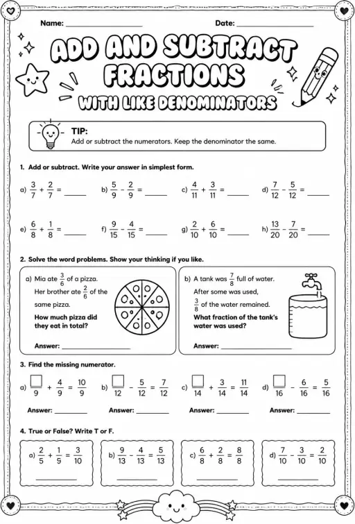 Add and subtract fractions with like denominators