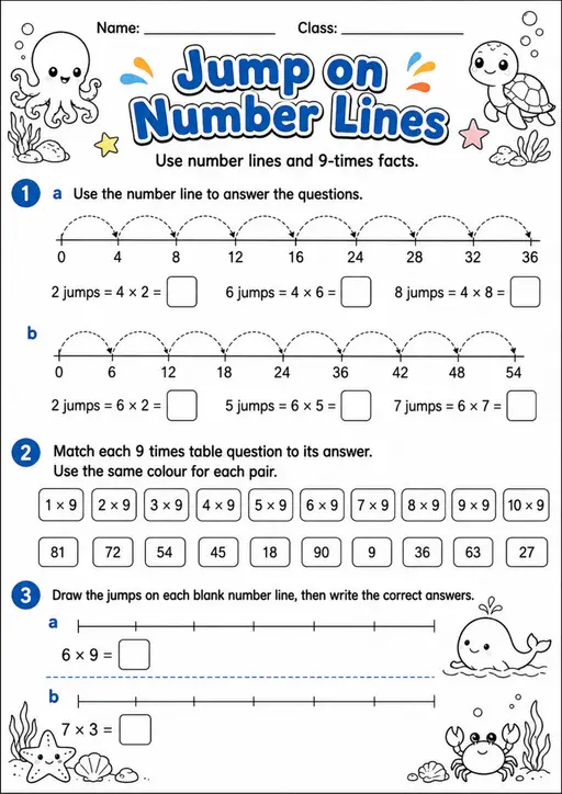 Jump on Number Lines - Grade 3 Math Worksheet