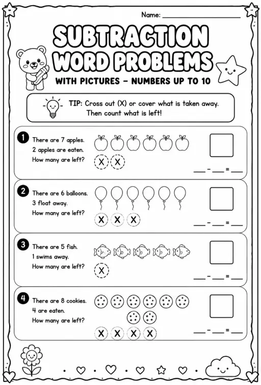 Subtraction word problems with pictures - numbers up to 10