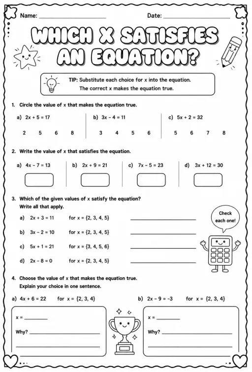 Which x satisfies an equation?