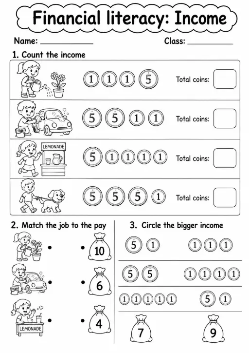 Grade 1 Financial Literacy Math Worksheet Pack