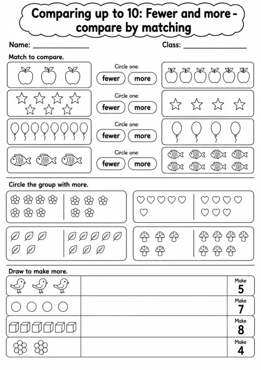 Kindergarten Comparing up to 10 Math Worksheet Pack